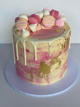 Load image into Gallery viewer, Macaron and Meringue Loaded Cake with Gold Leaf detail