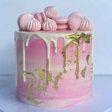 Load image into Gallery viewer, Macaron and Meringue Loaded Cake with Gold Leaf detail