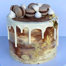 Load image into Gallery viewer, Macaron and Meringue Loaded Cake with Gold Leaf detail