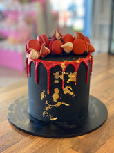 Load image into Gallery viewer, Macaron and Meringue Loaded Cake with Gold Leaf detail