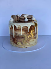 Load image into Gallery viewer, Macaron and Meringue Loaded Cake with Gold Leaf detail
