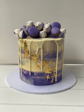Load image into Gallery viewer, Macaron and Meringue Loaded Cake with Gold Leaf detail