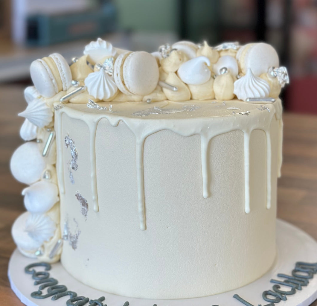 White Waterfall Drip Cake - Gender Reveal
